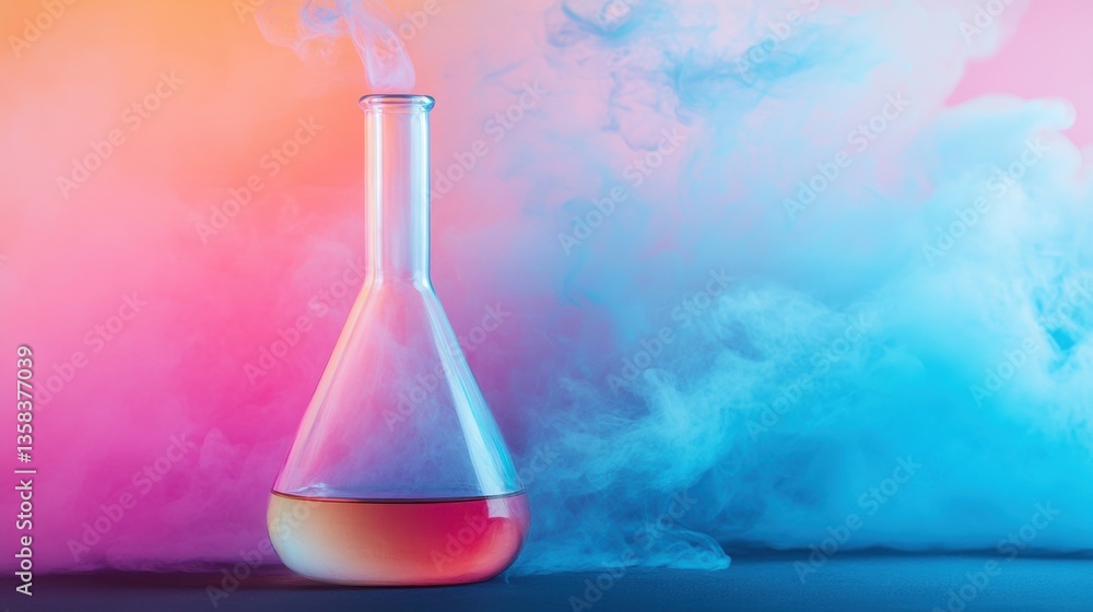 Poster a laboratory flask filled with a colorful liquid sits amid swirling fog, creating an atmospheric and