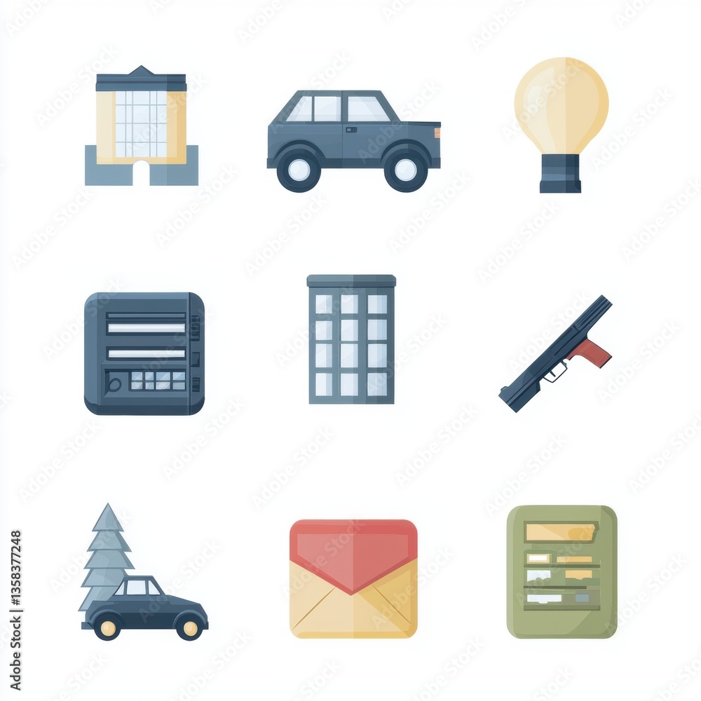 Poster a grid of colorful icons depicting various objects including a car, balloon, building, gun, and more