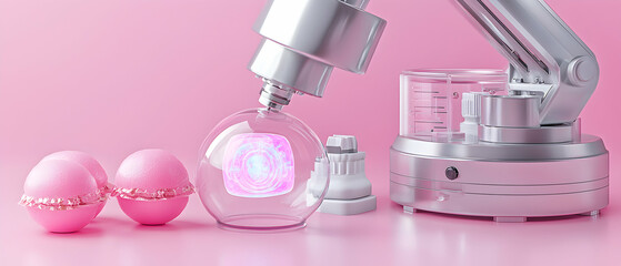 Futuristic pink lab with a robot arm crafting a product. Application for cosmetics biotech or innovative beauty treatments perhaps.