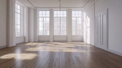 Fototapeta premium Bright Scandinavian Style Empty Office with Wooden Floor and Windows