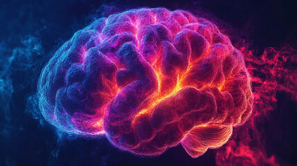 Obraz premium A 3D brain radiating glowing colors, symbolizing cognitive energy and creativity. The vibrant hues represent enlightenment and the power of intellect in a modern, dynamic form.