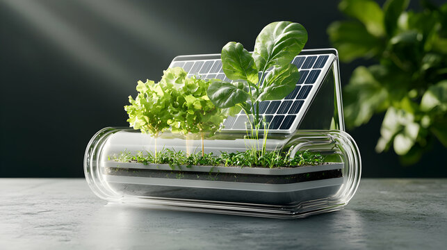 A futuristic self-sustaining mini-garden with solar panels. This design promotes eco-friendly living and could revolutionize urban gardening for homes or apartments.