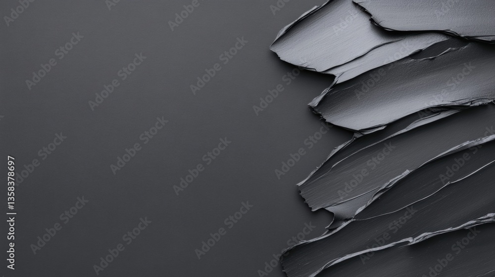 Poster torn strips of black paper create an abstract composition on a smooth dark surface, highlighting min