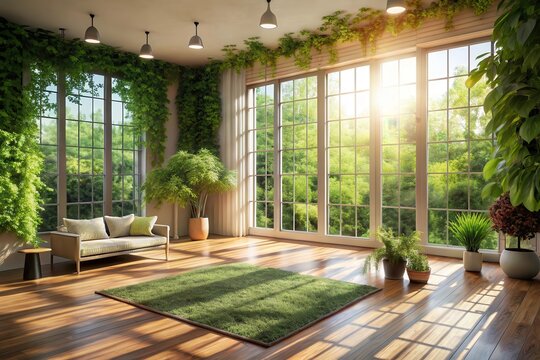 Sunlit Living Room with Lush Greenery and a Verdant Rug, Evoking a Serene and Harmonious Indoor Oasis