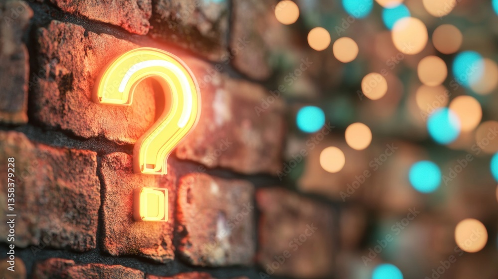 Poster a glowing neon question mark hangs on a textured brick wall while colorful bokeh lights create a vib