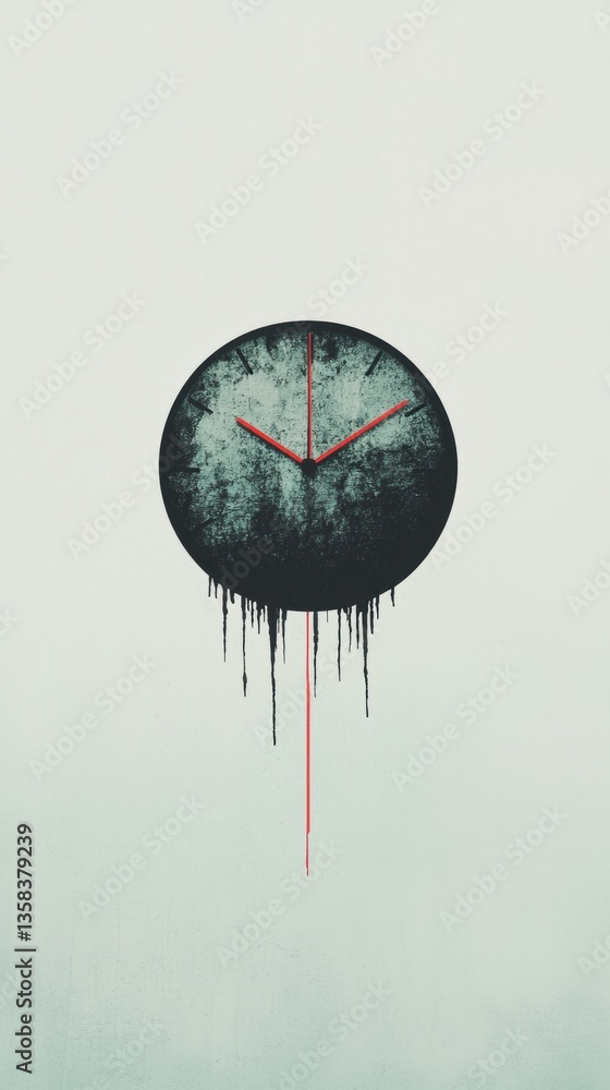 Poster a minimalist clock design with a textured surface, featuring drips and a striking red second hand ag