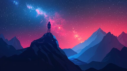 Fototapeta premium A lone figure stands atop a mountain peak, gazing at a vibrant night sky filled with stars and the Milky Way