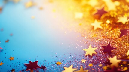 Bright stars and shimmering glitter lie scattered on a vibrant background, adding a playful touch to festive settings and celebrations