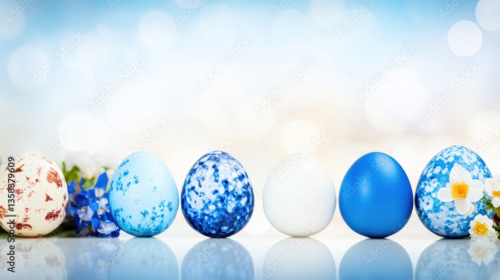 Poster decorative eggs in various colors are neatly arranged, complemented by fresh spring flowers, creatin