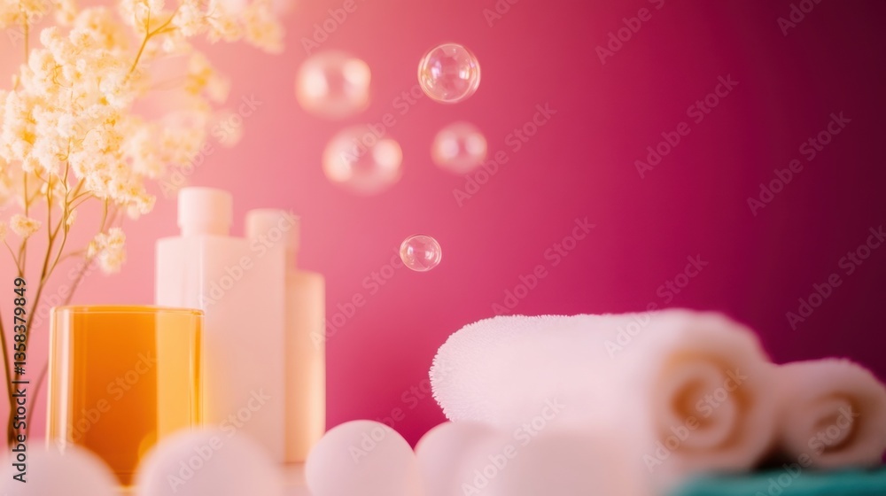 Poster soft bubbles float above neatly arranged towels and aromatic products, enhancing a serene spa enviro