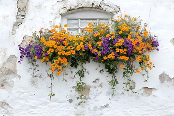 Colorful flowers blooming in a planter box beneath a small window