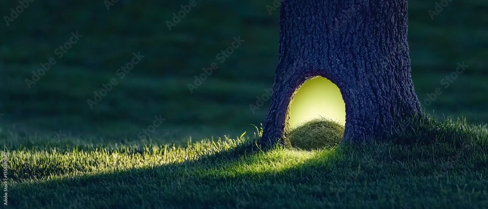 Poster a mystical tree with a glowing hollow, surrounded by lush grass, creating an enchanting atmosphere i