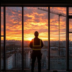 Construction worker gazes over the cityscape during a vibrant sunset