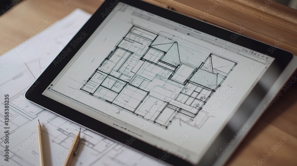 Poster digital workspace with tablet displaying architectural blueprint