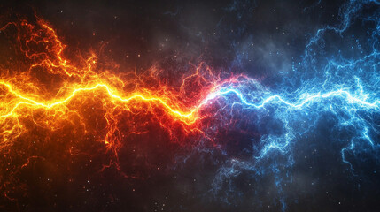 Naklejka premium A dynamic burst of bright, colorful electric energy illuminates a dark background, symbolizing power, innovation, and high-voltage intensity with vibrant electric currents flowing dynamically.