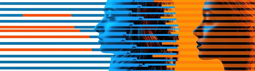 Abstract Portraits of Women with Striped Patterns and Colorful Backgrounds in Blue and Orange