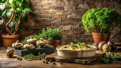 Fototapeta premium Rustic Kitchen Still Life Featuring a Creamy Baked Dish with Herbs and Mushrooms