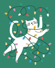 White Cat Tangled In Festive String Lights On Green Background