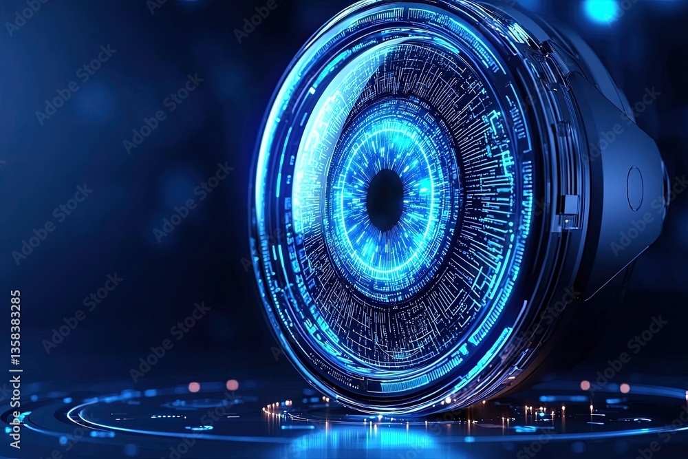 Poster futuristic digital eye with blue light display and circuit patterns on dark background