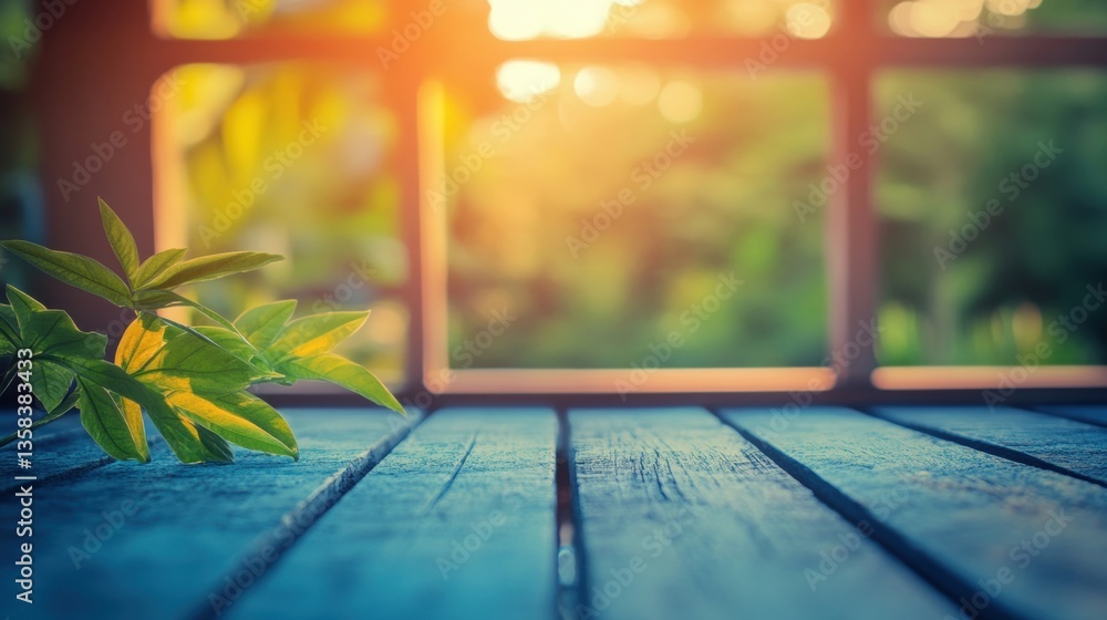 Poster green leaves rest on a rustic wooden table as warm sunlight streams through a window, creating a ser