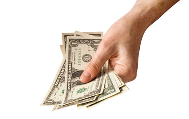 Hand holding US dollars cash money isolated cutout on transparent