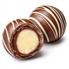 Two Brown Chocolate Truffles with White Stripes and Macadamia Filling on White Background
