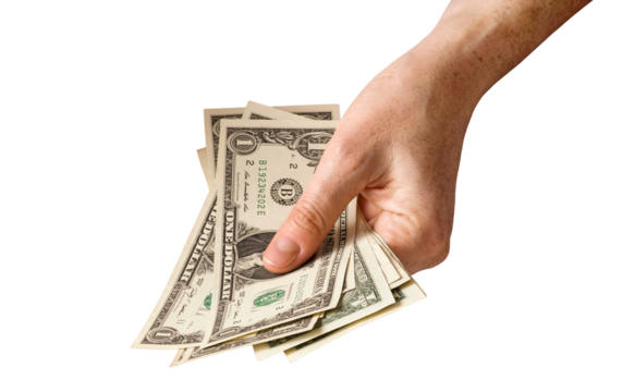 Hand holding US dollars cash money isolated cutout on transparent