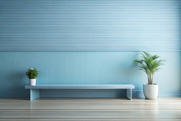 Serene Minimalist Interior Design Featuring a Light Blue Wall, Bench, and Potted Plants