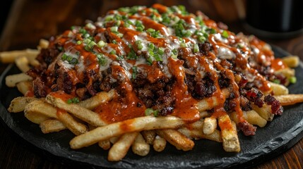 Loaded fries topped with savory beef, sauce, and cheese