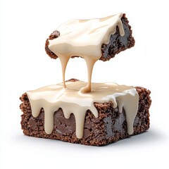 Two Chocolate Brownies with Creamy White Icing Dripping on White Background