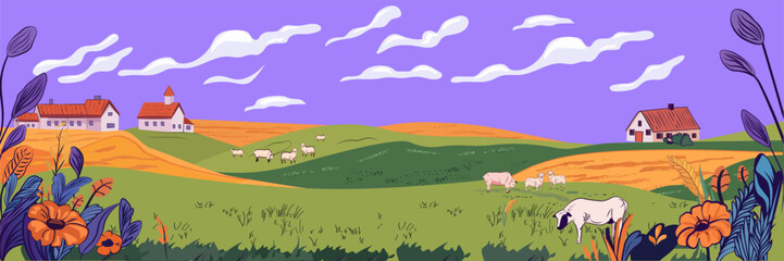 Pastoral landscape sheep grazing countryside scene rolling hills vibrant colors flowers houses purple sky decorative elements website banner