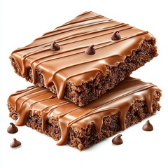 Two Chocolate Brownies with Ganache Topping on White Background