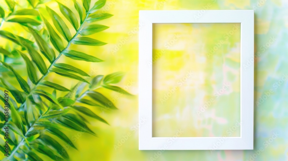 Poster a white, empty frame is placed next to vivid green foliage against a colorful backdrop, creating an 