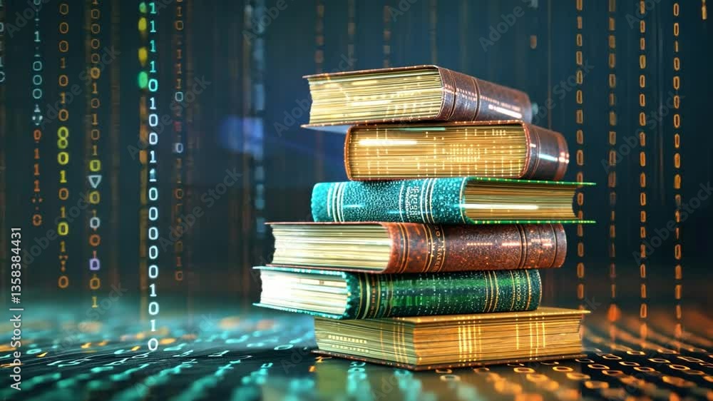Poster vintage books stack glowing edges and binary code fusion of knowledge and digital technology for cap
