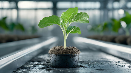 A young plant thrives in a modern greenhouse setting. Ideal for promoting sustainable agriculture or representing growth and environmental consciousness.