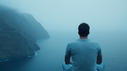 Fototapeta premium A man sits in quiet contemplation on a cliff, gazing at the ocean shrouded in fog during twilight hours