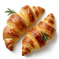 Two Golden Brown Croissants with Rosemary Sprigs on White Background