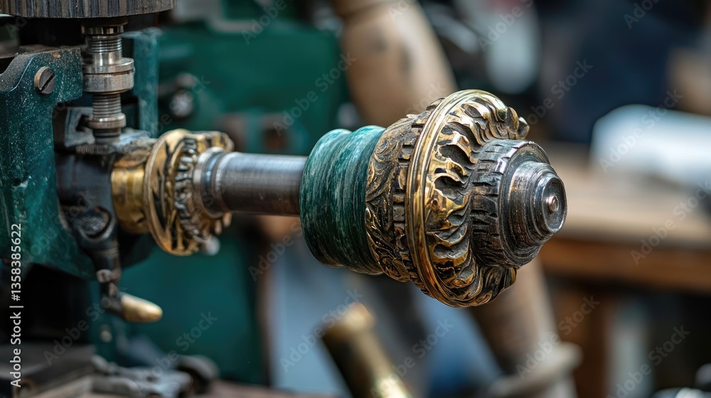 Poster a close-up of an artisan lapidary machine carving a raw gemstone with absolute precision.