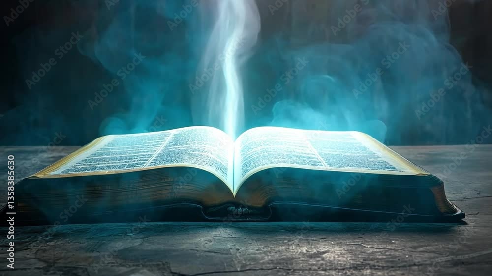 Aufkleber open book emits mystical glow surrounded by ethereal smoke, creating enchanting atmosphere that evok