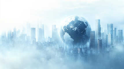 Planet Earth set against a modern cityscape, with a blurred background emphasizing the chaos and global connection in a rapidly urbanizing world with a bright tone