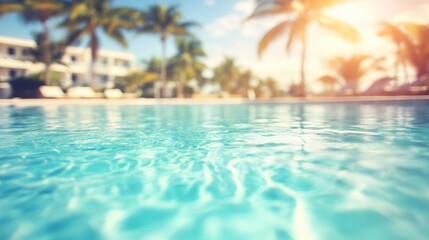 Sunlight dances on the clear water of a tranquil pool, contrasting with the lush palm trees around it at a tropical resort in the afternoon