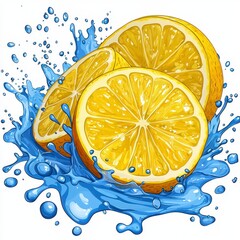 Two Juicy Lemon Slices Splashing in Blue Liquid