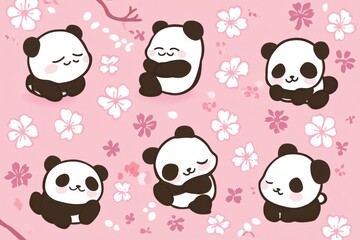 Cute Cartoon Pandas Surrounded by Pink Cherry Blossom Flowers