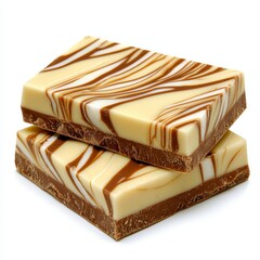 Two Rectangular Marble Swirl Pattern Fudge Pieces Stacked Together on White Surface, Close Up View