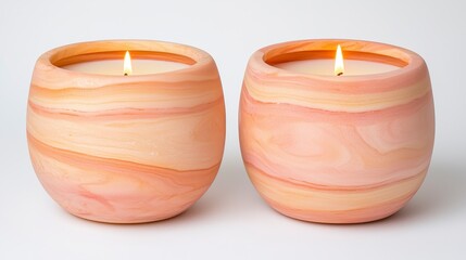 Two Peach and Beige Textured Candles with Swirled Pattern on White Background