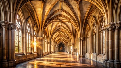 Fototapeta premium Sunlit Architectural Corridor A Majestic Hallway with High Arched Ceilings and Stone Columns, Bathed in Golden Light