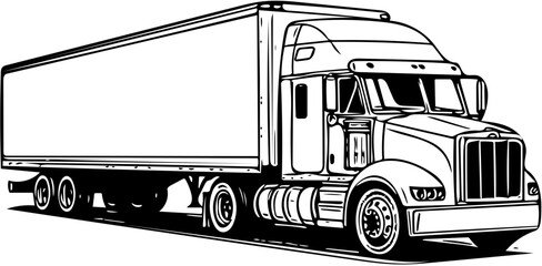 Heavy duty semi truck with trailer in bold black vector illustration, front angled view on transparent background
