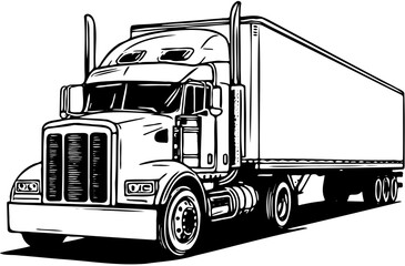 Heavy duty semi truck with trailer in bold black vector illustration, front angled view on transparent background
