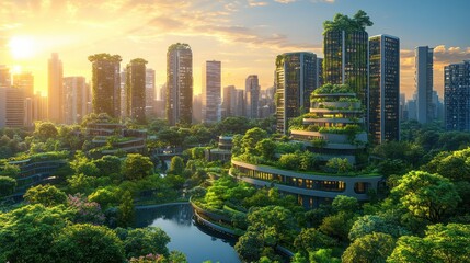 Obraz premium Eco-Cityscape: A Sustainable Urban Paradise at Sunrise