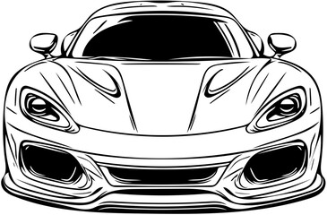 Bold front view of futuristic sports car in black silhouette vector style, isolated on transparent background
